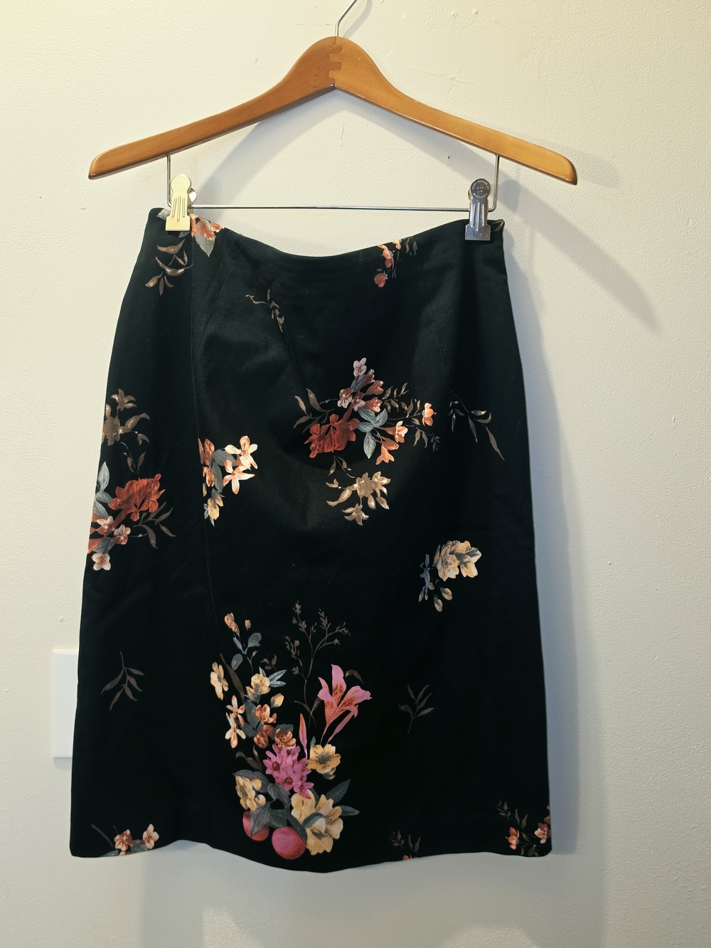 Vintage Gianni Black Floral Pencil Cotton Blend Skirt Made In USA XL Spring Work